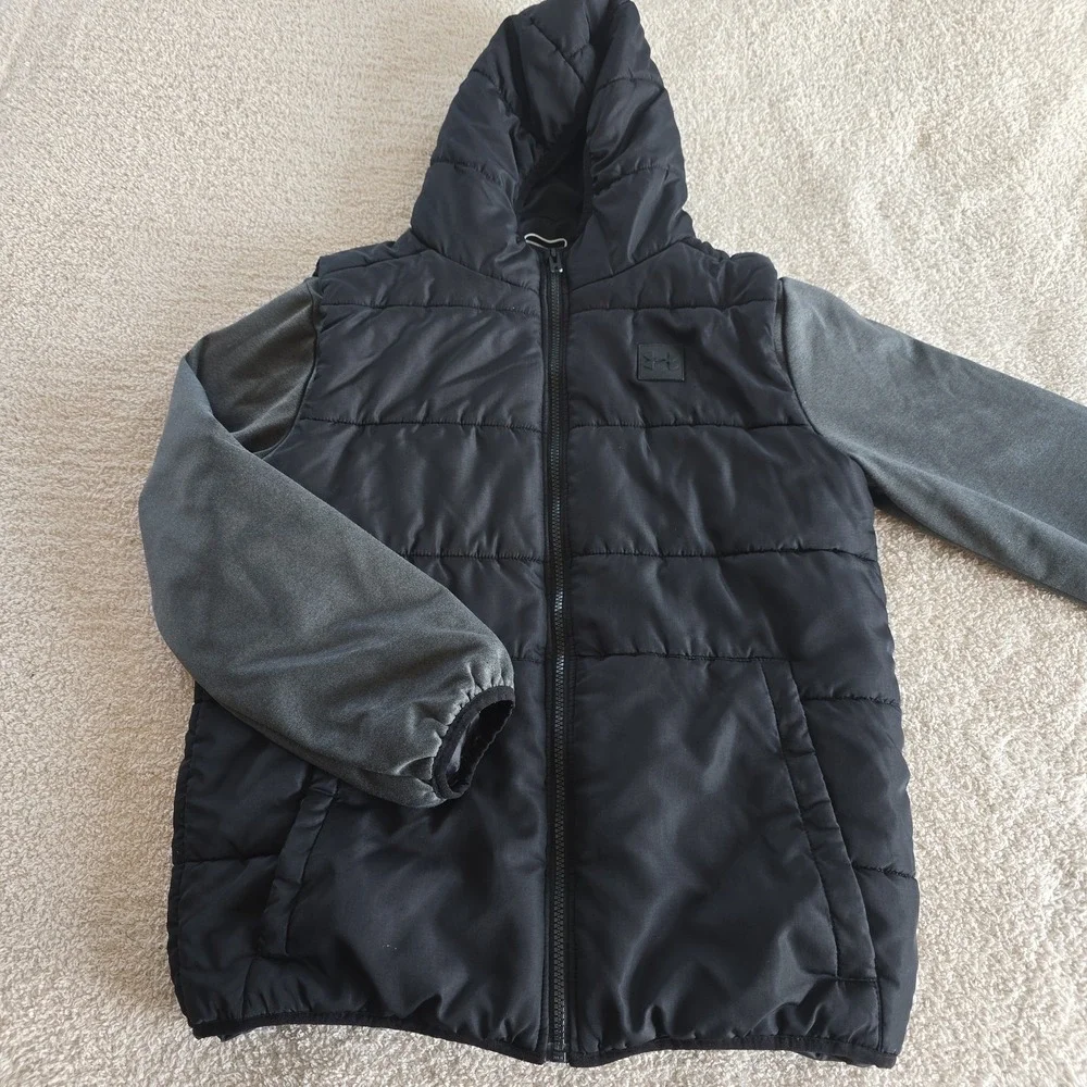 Under Armour Boy's 2-Fer Hoodie Puffer Vest Jacket Gray/black Sz YXL